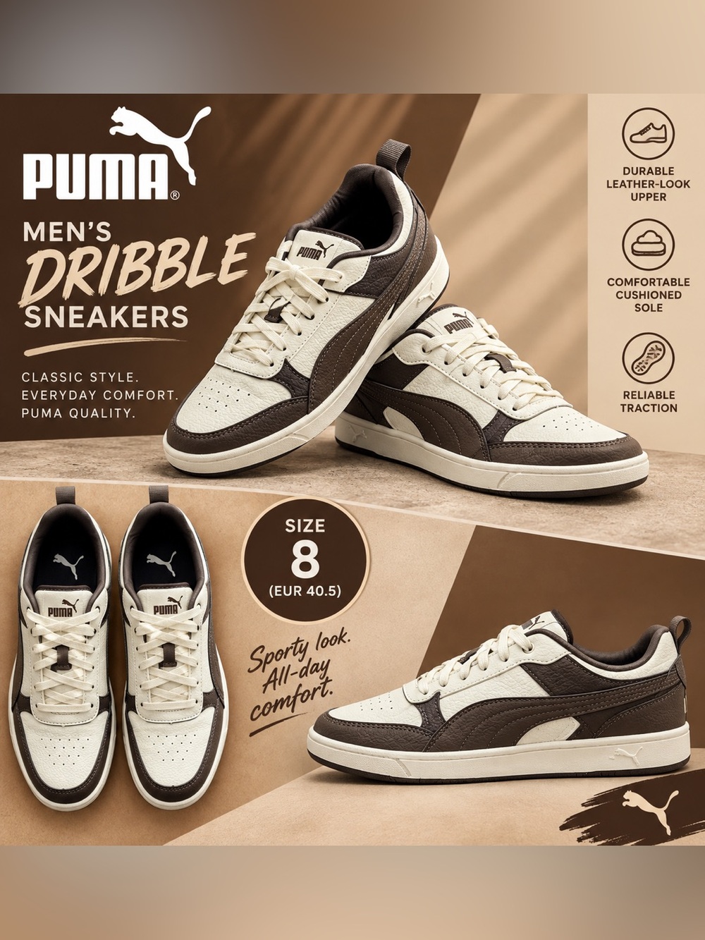 Puma Men's Dribble Sneakers in Warm White & Brown